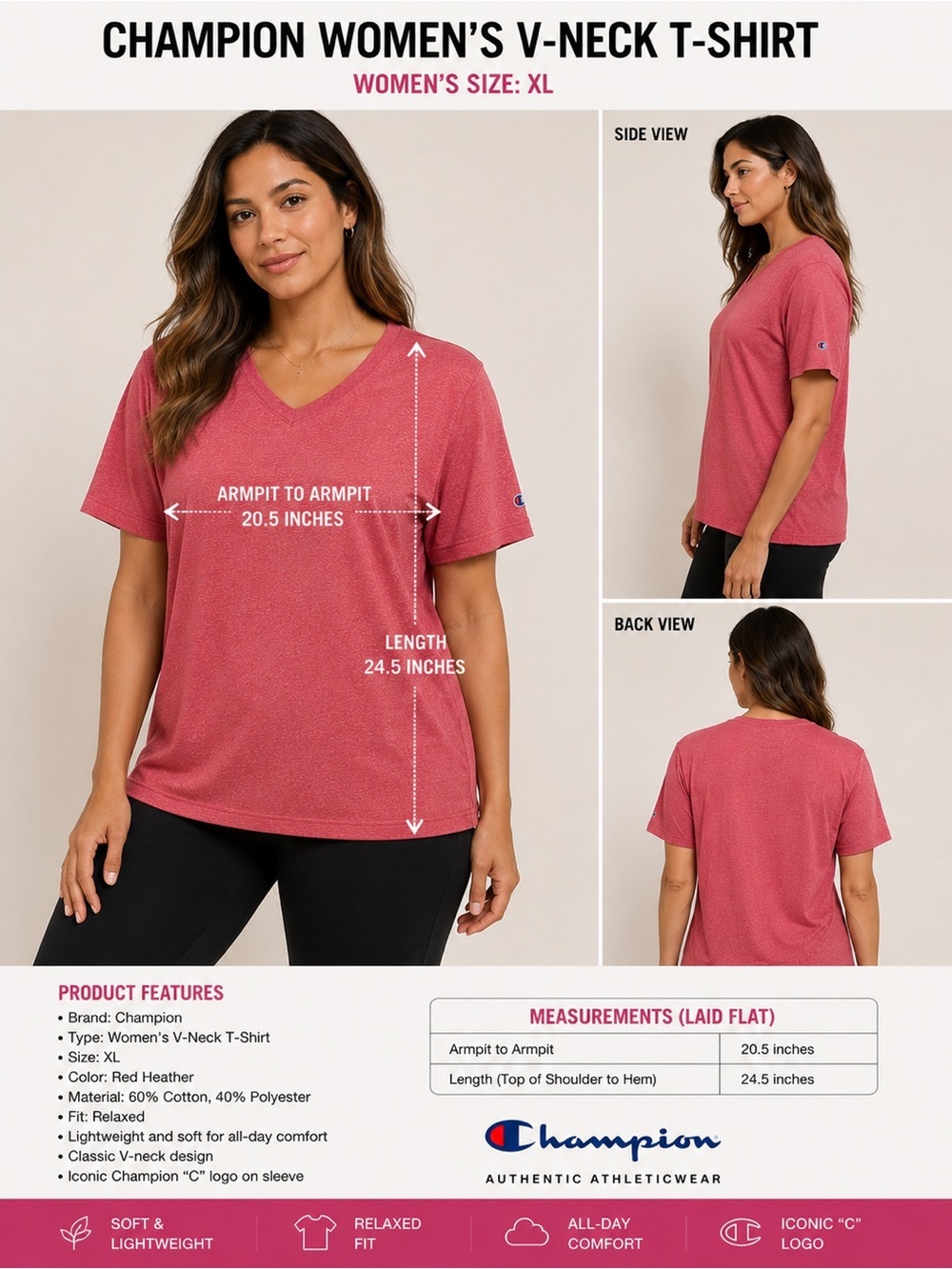 Champion Women's V-Neck Tee - Red Heather